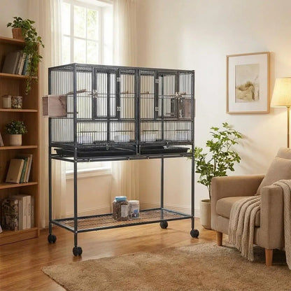 Breeding Flight Bird Cage with Detachable Rolling Stand Breeder Cage with Perches, Food Boxes, Slide-Out Tray and Storage Shelf