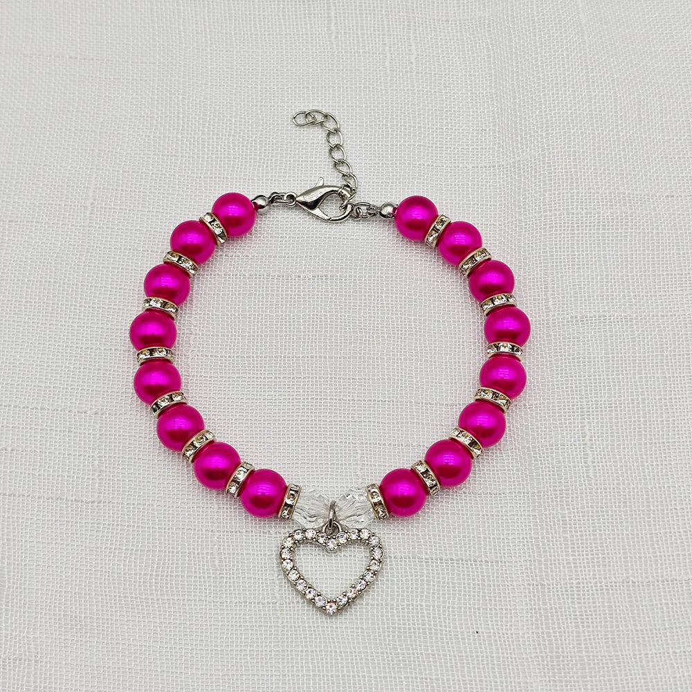 New Cute Pet Pearl Necklace with Heart-shaped Rhinestone Pendant Adjustable Cat Dog Collar Jewelry For Small Pets 8 Colors
