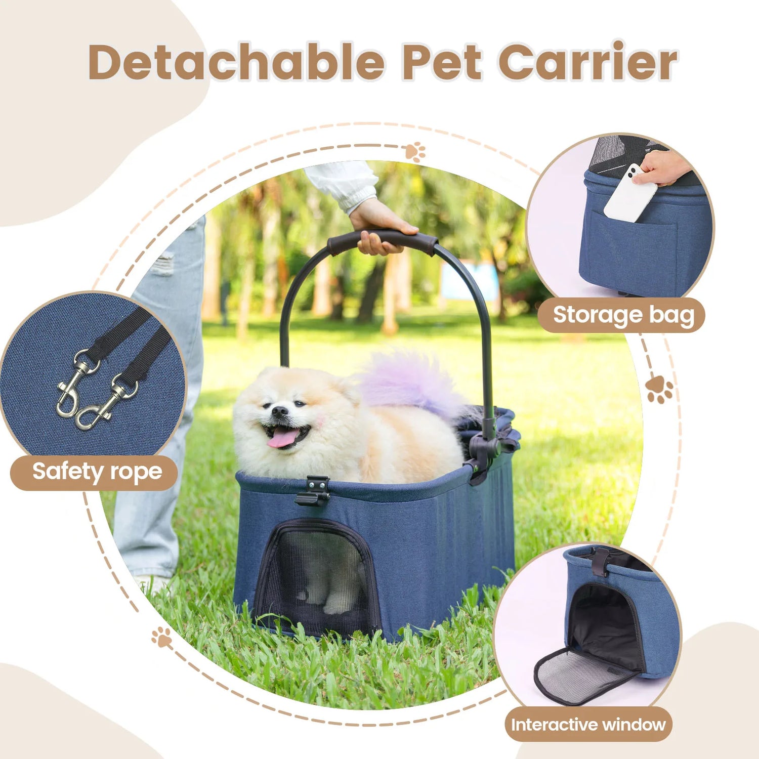 3 in 1 Dog Stroller, Upgraded Frame, Up to 44lbs Pet Stroller with Dog Poop Bags &amp; Dispenser, Zipperless Entry, Storage Basket &amp;