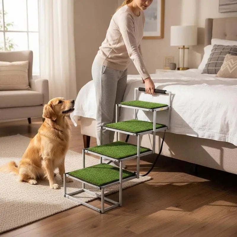 Dog Stairs for Car, 4 Steps Extra Wide Foldable Dog Ramp for Large Dogs with Non-Slip Surface, Portable Lightweight Pet Stairs Ladder for Car, SUV, Truck, High Bed, Sofa, Support up to 200 lbs
