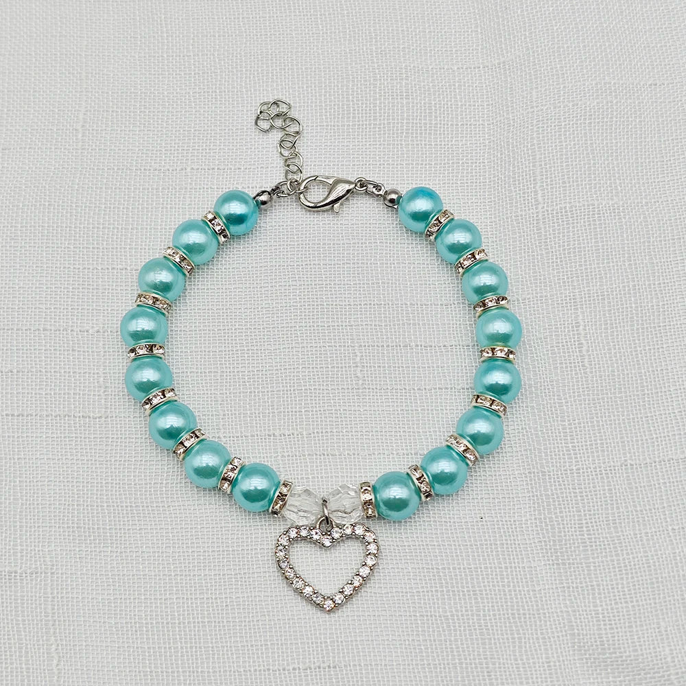New Cute Pet Pearl Necklace with Heart-shaped Rhinestone Pendant Adjustable Cat Dog Collar Jewelry For Small Pets 8 Colors