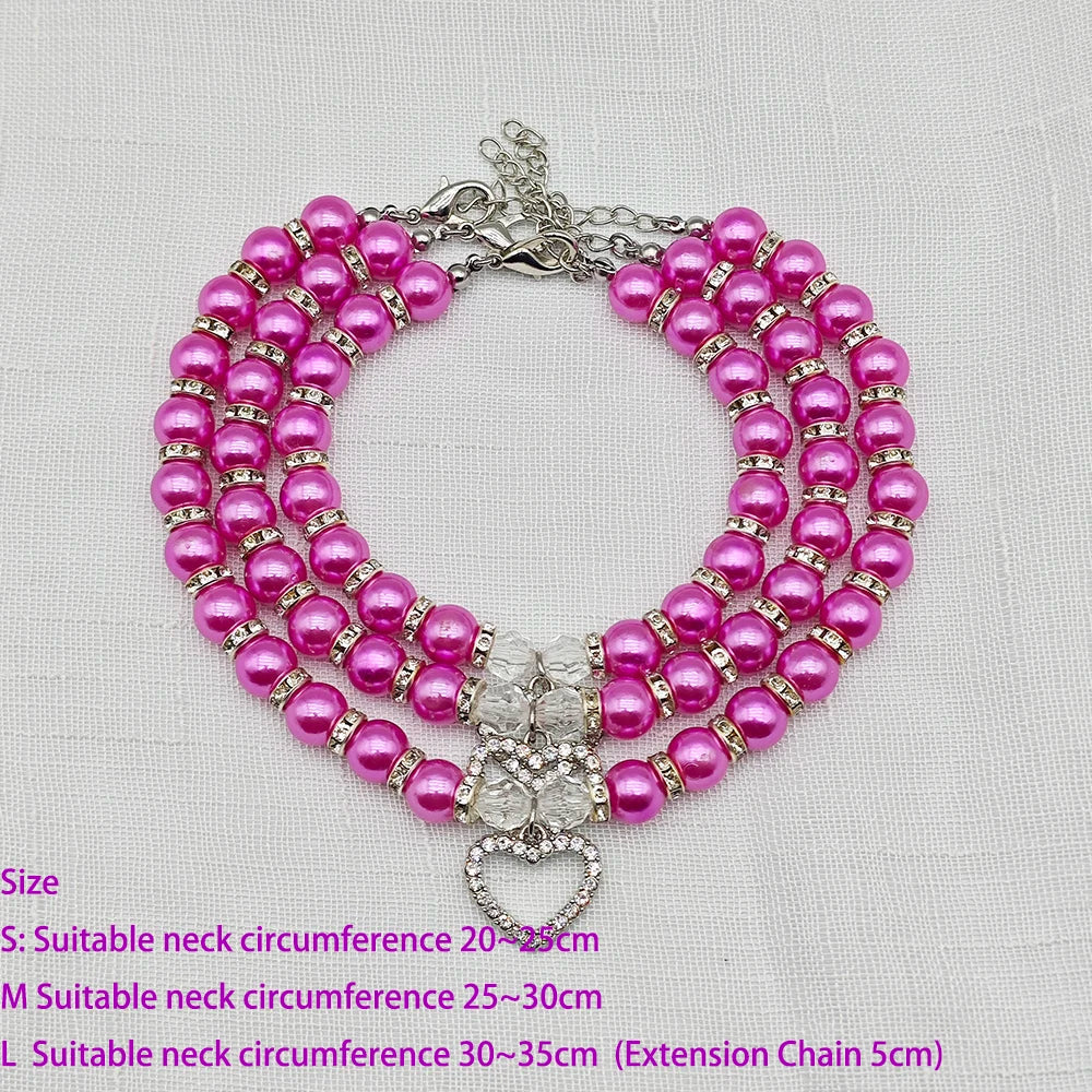 New Cute Pet Pearl Necklace with Heart-shaped Rhinestone Pendant Adjustable Cat Dog Collar Jewelry For Small Pets 8 Colors