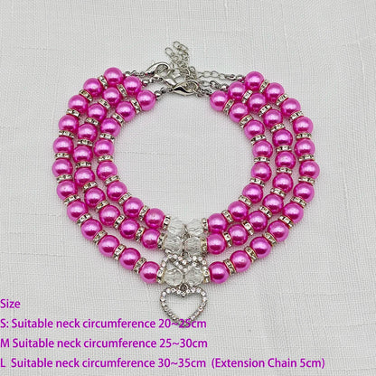 New Cute Pet Pearl Necklace with Heart-shaped Rhinestone Pendant Adjustable Cat Dog Collar Jewelry For Small Pets 8 Colors