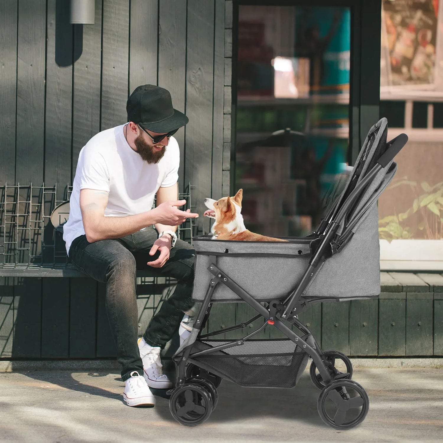 Dog Stroller, Pet Stroller for Medium Dogs Cats, with Dog Poop Bags, Reversible Handlebar, Tethers, Storage Basket and Pouch