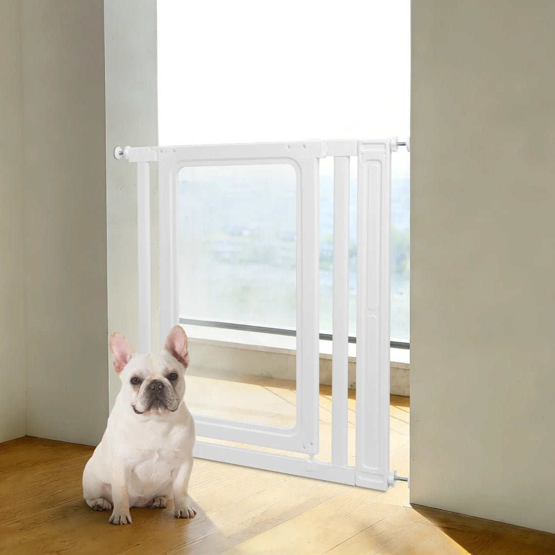 83cm Clear Pet Gate for Doorways, 69.5-84cm Width, No Drill Pressure Mount Dog Gate, Automatic Close, Scratch Resistant, for Stairs, Hallway (White)