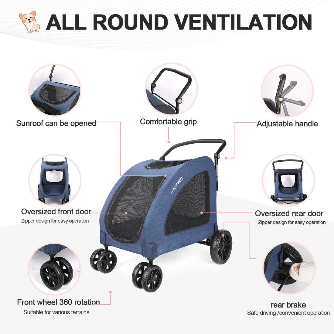 Heavy Duty Dog Stroller for Large Dogs up to 120 lbs, Foldable Pet Wagon with 360° Wheels, All-Round Ventilation, Front &amp; Rear Z