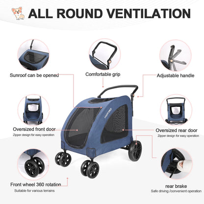 Heavy Duty Dog Stroller for Large Dogs up to 120 lbs, Foldable Pet Wagon with 360° Wheels, All-Round Ventilation, Front &amp; Rear Z