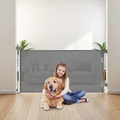 Retractable baby gate/dog gate, extendable to 143 cm wide / 795 mm high, stair gate with safety lock, mesh safety gate for stairs and hallways, indoor/outdoor use, grey
