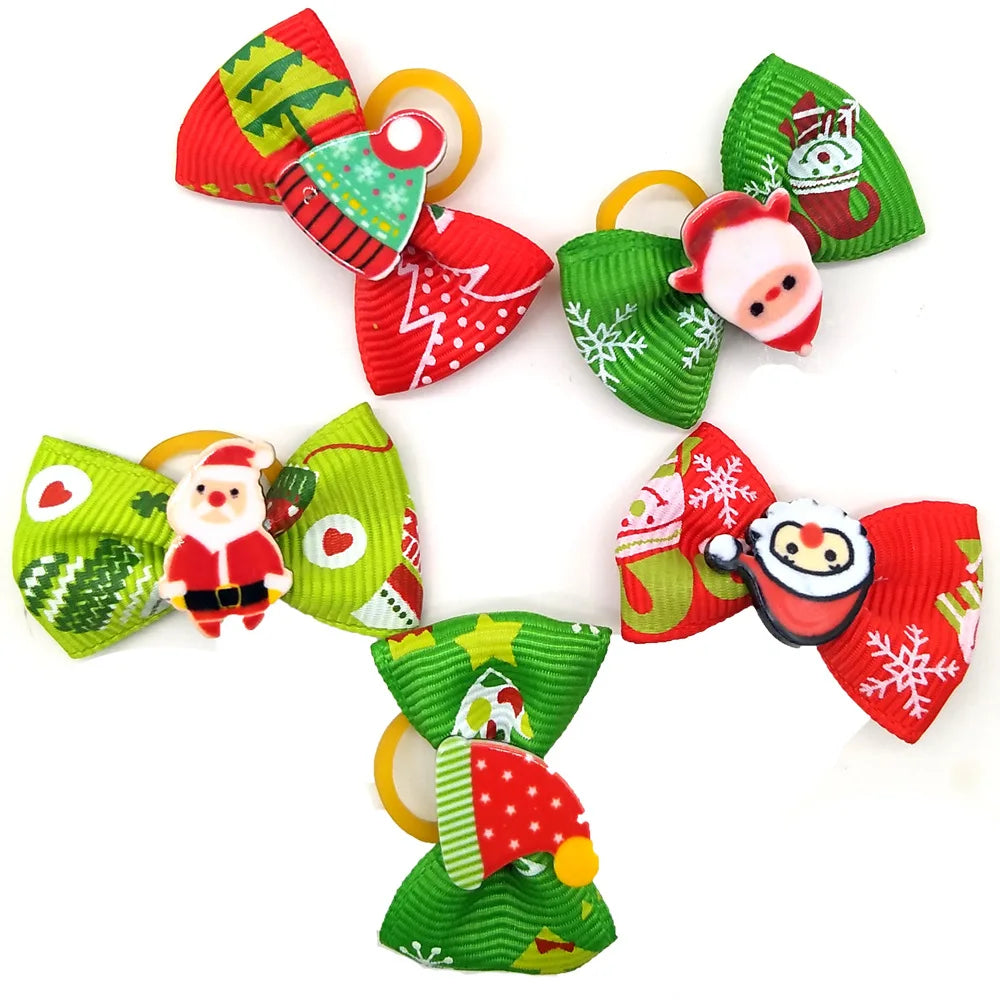 Pet Christmas Bows Dog Hair Accessories Leather Band Headdress Cat Puppy Grooming Decoration Bows Holiday Party Pet Supplies