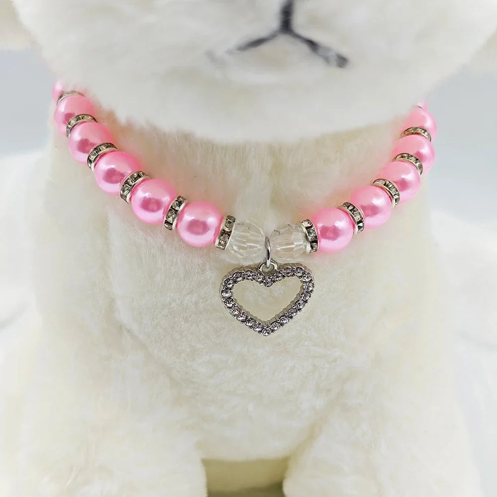 New Cute Pet Pearl Necklace with Heart-shaped Rhinestone Pendant Adjustable Cat Dog Collar Jewelry For Small Pets 8 Colors