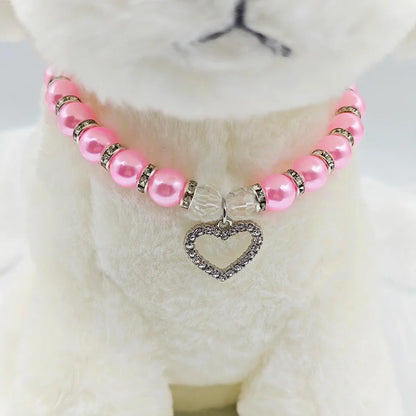 New Cute Pet Pearl Necklace with Heart-shaped Rhinestone Pendant Adjustable Cat Dog Collar Jewelry For Small Pets 8 Colors