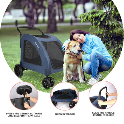 Heavy Duty Dog Stroller for Large Dogs up to 120 lbs, Foldable Pet Wagon with 360° Wheels, All-Round Ventilation, Front &amp; Rear Z