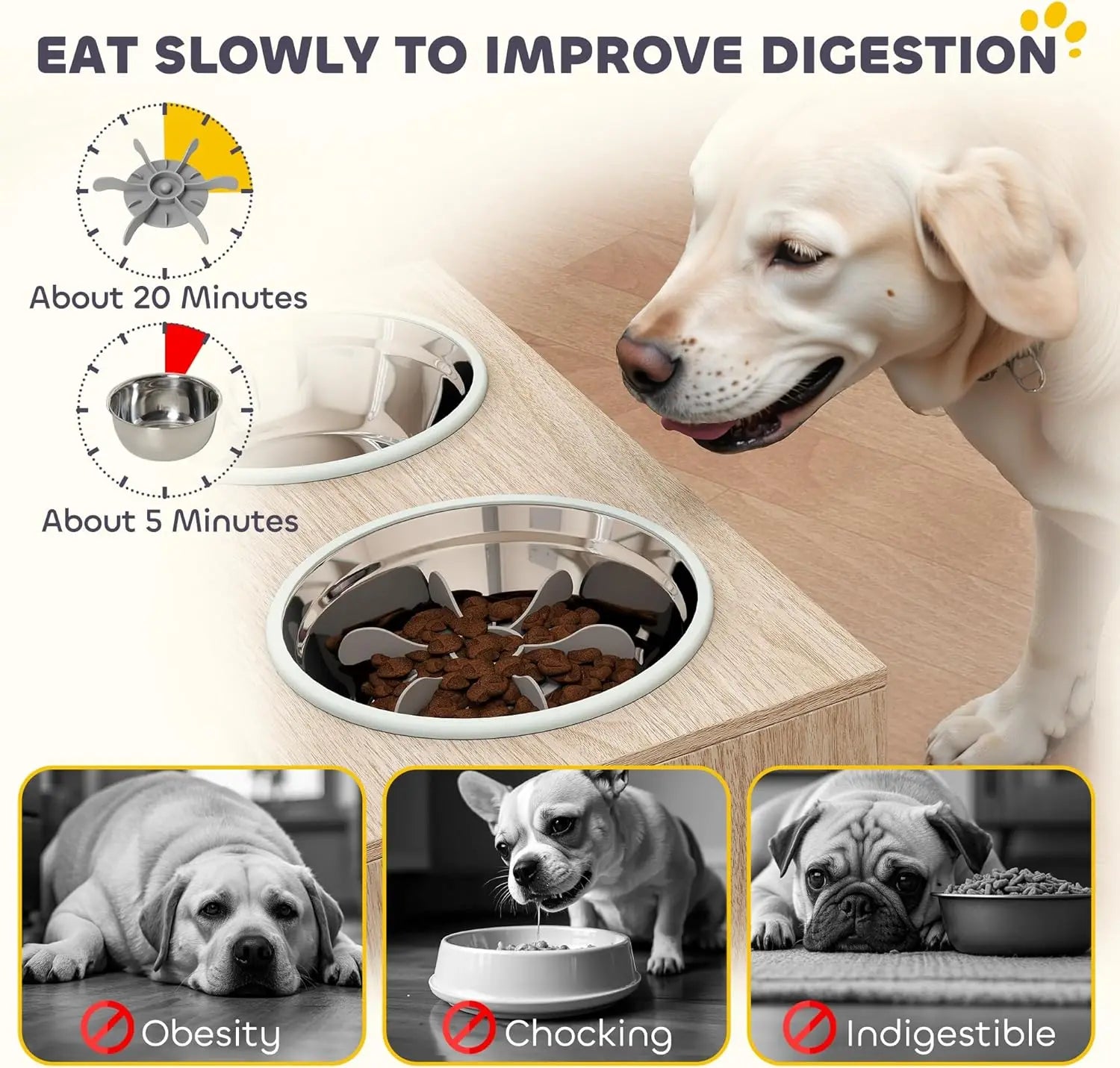 Elevated Dog Bowls with Storage Cabinet, Raised Dog Bowl Stand, Pet Feeding Station with Slow Feeder &amp; Non-Slip, for Large Pets