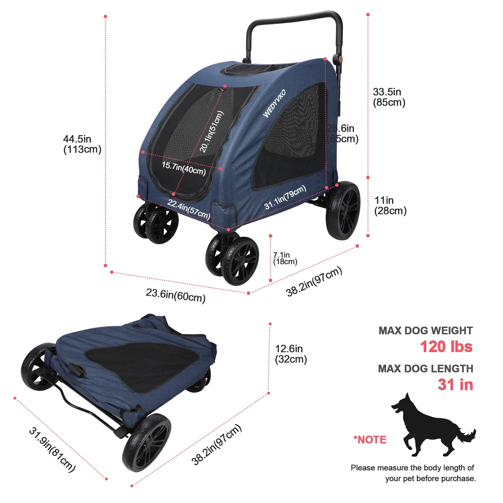 Heavy Duty Dog Stroller for Large Dogs up to 120 lbs, Foldable Pet Wagon with 360° Wheels, All-Round Ventilation, Front &amp; Rear Z