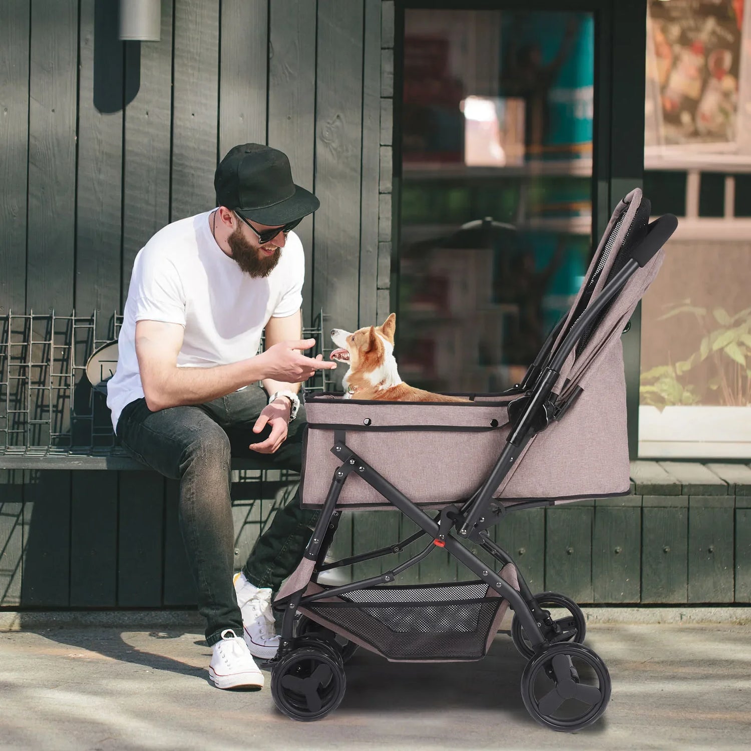 Dog Stroller, Pet Stroller for Medium Dogs Cats, with Dog Poop Bags, Reversible Handlebar, Tethers, Storage Basket and Pouch