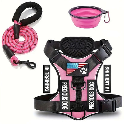 Service Dog Harness &amp; Leash Set with 1pc Folding Bowl Reflective Adjustable Dog Vest Harness Soft Oxford Pet Harness For Small M