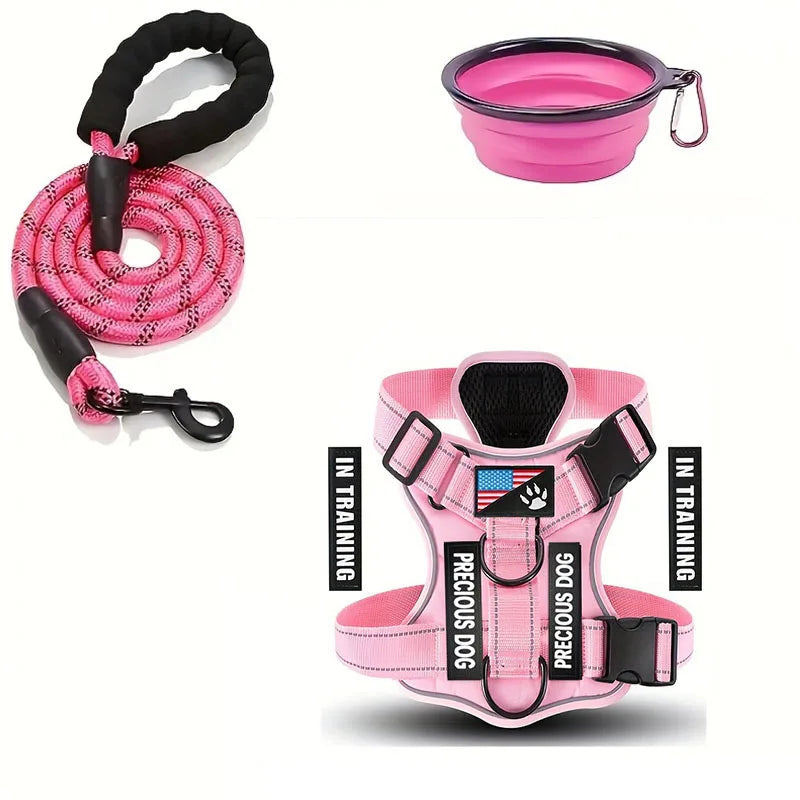 Service Dog Harness &amp; Leash Set with 1pc Folding Bowl Reflective Adjustable Dog Vest Harness Soft Oxford Pet Harness For Small M