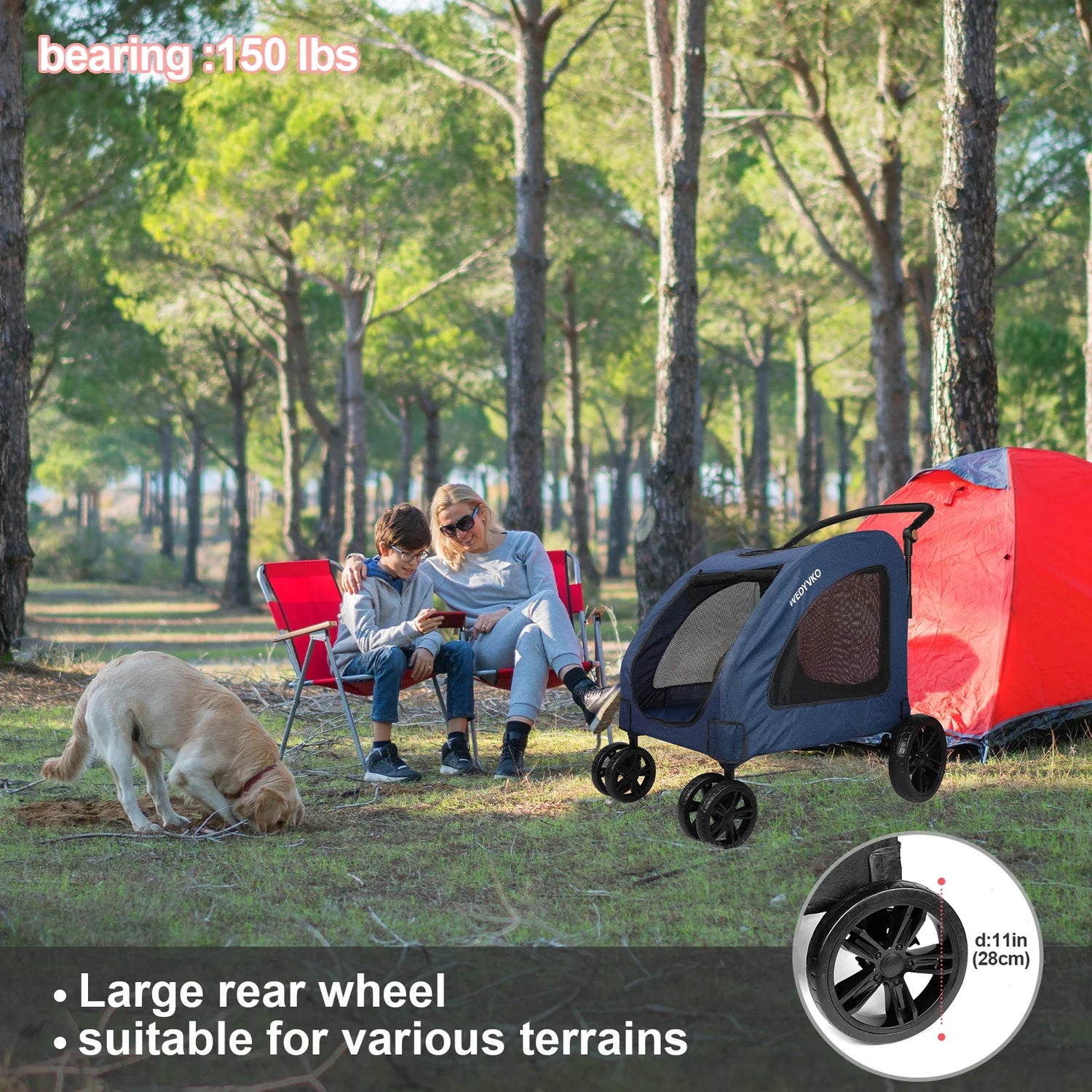 Heavy Duty Dog Stroller for Large Dogs up to 120 lbs, Foldable Pet Wagon with 360° Wheels, All-Round Ventilation, Front &amp; Rear Z