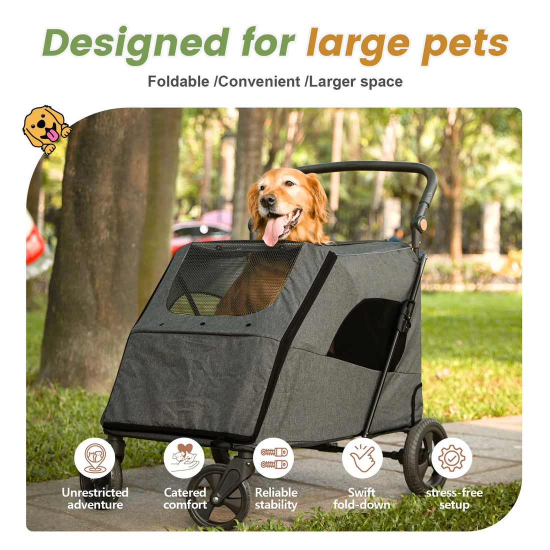 Pet Stroller for Large Dogs,Up to 66lbs Pet Pram Adjustable Handle, Folding Dog Buggy, XXL Storage Double Pet Pram for Cats