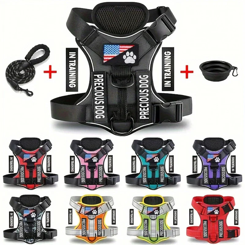 Service Dog Harness &amp; Leash Set with 1pc Folding Bowl Reflective Adjustable Dog Vest Harness Soft Oxford Pet Harness For Small M