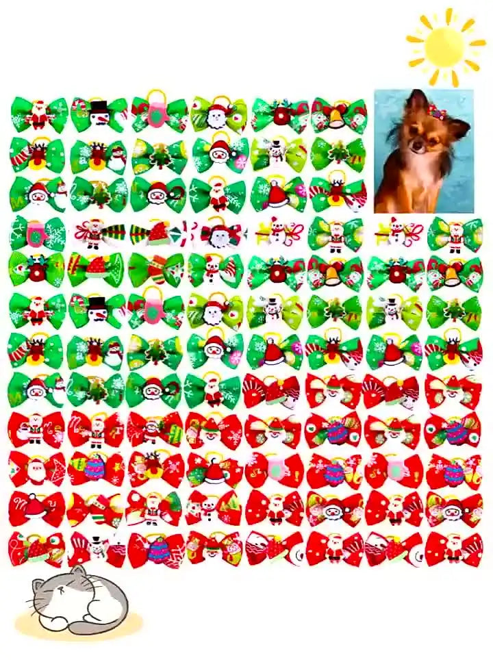 Pet Christmas Bows Dog Hair Accessories Leather Band Headdress Cat Puppy Grooming Decoration Bows Holiday Party Pet Supplies