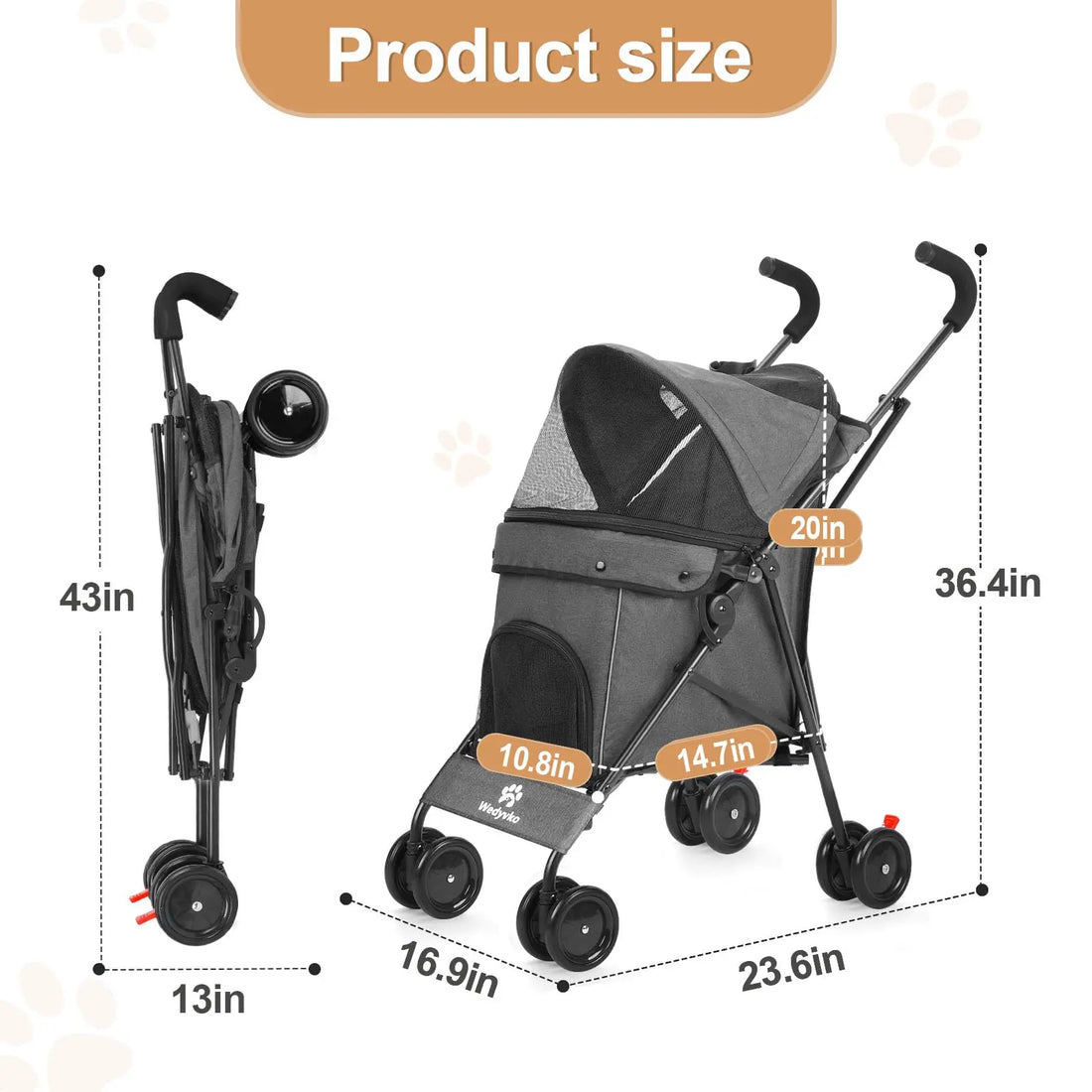 Travel Portable Dog Stroller, Pet Stroller for Small Puppy Dogs &amp; Cats, Up to 33 lbs, Dark Grey