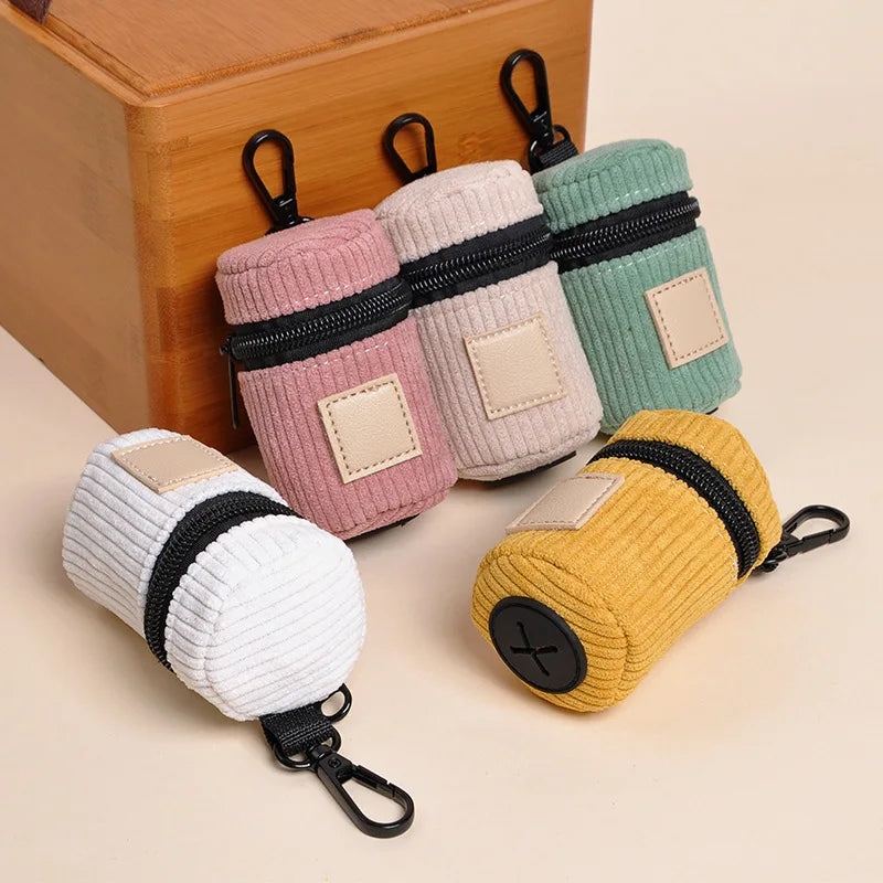 Corduroy Dog Poop Bag Holder with Carabiner, Portable Zipper Pet Waste Bag Dispenser for Outdoor Walking