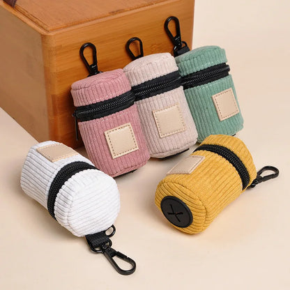 Corduroy Dog Poop Bag Holder with Carabiner, Portable Zipper Pet Waste Bag Dispenser for Outdoor Walking