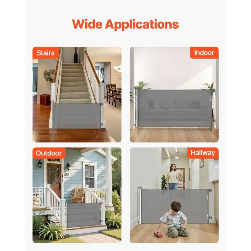 Retractable baby gate/dog gate, extendable to 143 cm wide / 795 mm high, stair gate with safety lock, mesh safety gate for stairs and hallways, indoor/outdoor use, grey