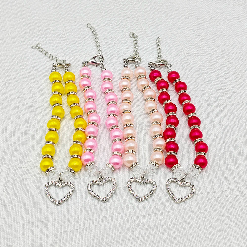 New Cute Pet Pearl Necklace with Heart-shaped Rhinestone Pendant Adjustable Cat Dog Collar Jewelry For Small Pets 8 Colors