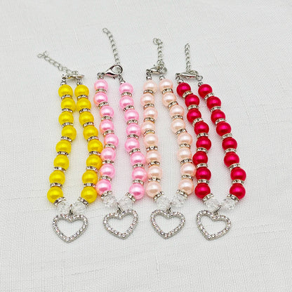 New Cute Pet Pearl Necklace with Heart-shaped Rhinestone Pendant Adjustable Cat Dog Collar Jewelry For Small Pets 8 Colors