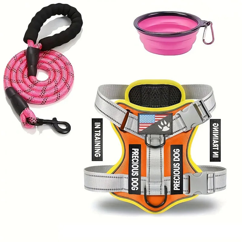 Service Dog Harness &amp; Leash Set with 1pc Folding Bowl Reflective Adjustable Dog Vest Harness Soft Oxford Pet Harness For Small M