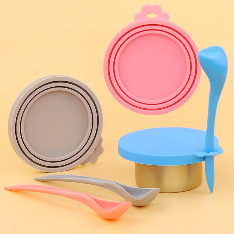2PCS Reusable Silicone Pet Food Can Cover with Spoon | Airtight Can Lid for Dog and Cat Food Storage