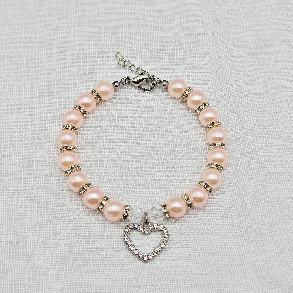 New Cute Pet Pearl Necklace with Heart-shaped Rhinestone Pendant Adjustable Cat Dog Collar Jewelry For Small Pets 8 Colors