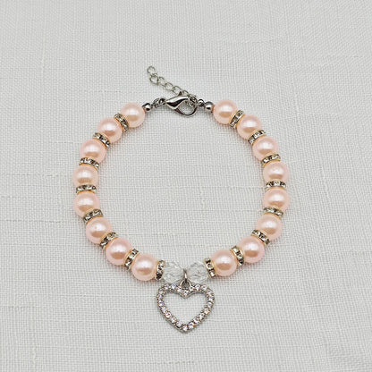 New Cute Pet Pearl Necklace with Heart-shaped Rhinestone Pendant Adjustable Cat Dog Collar Jewelry For Small Pets 8 Colors
