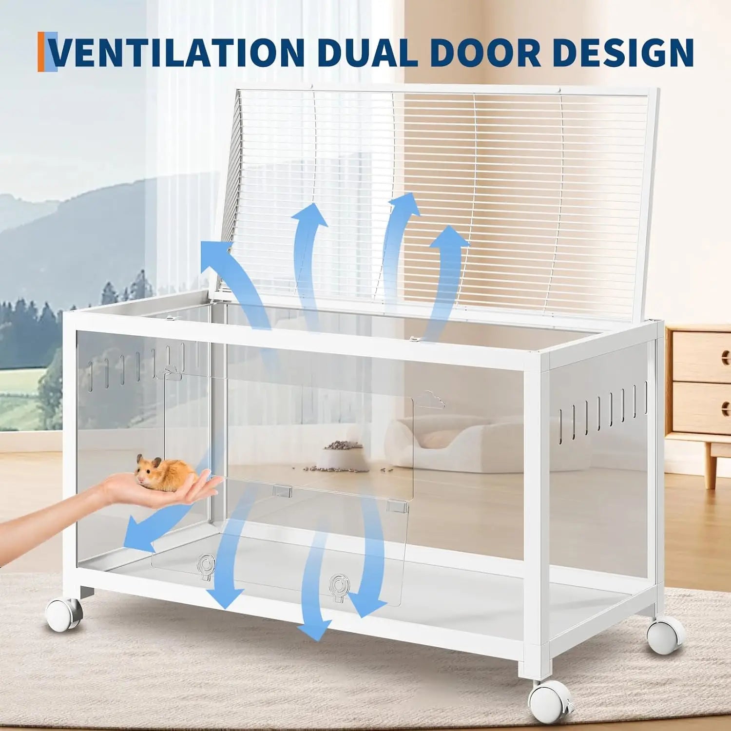 Hamster Cage with Wheels,Metal &amp; Acrylic Habitat for Hamster,Guinea Pig,Gerbil,Mice,Chew-Proof, Dual Doors, Easy Clean