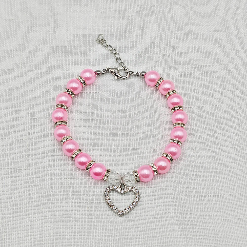 New Cute Pet Pearl Necklace with Heart-shaped Rhinestone Pendant Adjustable Cat Dog Collar Jewelry For Small Pets 8 Colors