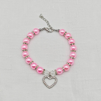 New Cute Pet Pearl Necklace with Heart-shaped Rhinestone Pendant Adjustable Cat Dog Collar Jewelry For Small Pets 8 Colors