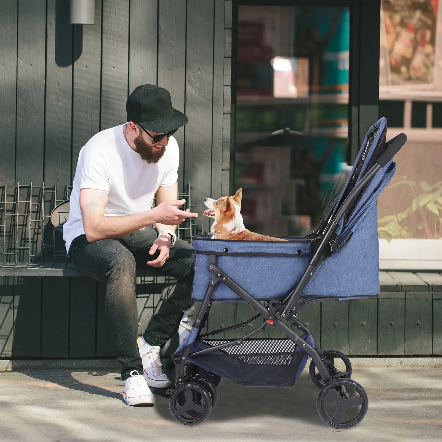 Dog Stroller, Pet Stroller for Medium Dogs Cats, with Dog Poop Bags, Reversible Handlebar, Tethers, Storage Basket and Pouch