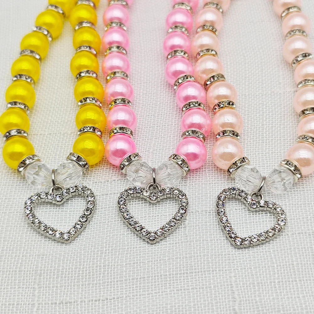 New Cute Pet Pearl Necklace with Heart-shaped Rhinestone Pendant Adjustable Cat Dog Collar Jewelry For Small Pets 8 Colors