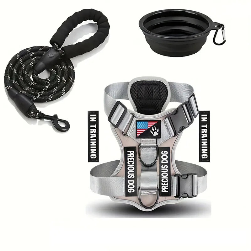 Service Dog Harness &amp; Leash Set with 1pc Folding Bowl Reflective Adjustable Dog Vest Harness Soft Oxford Pet Harness For Small M