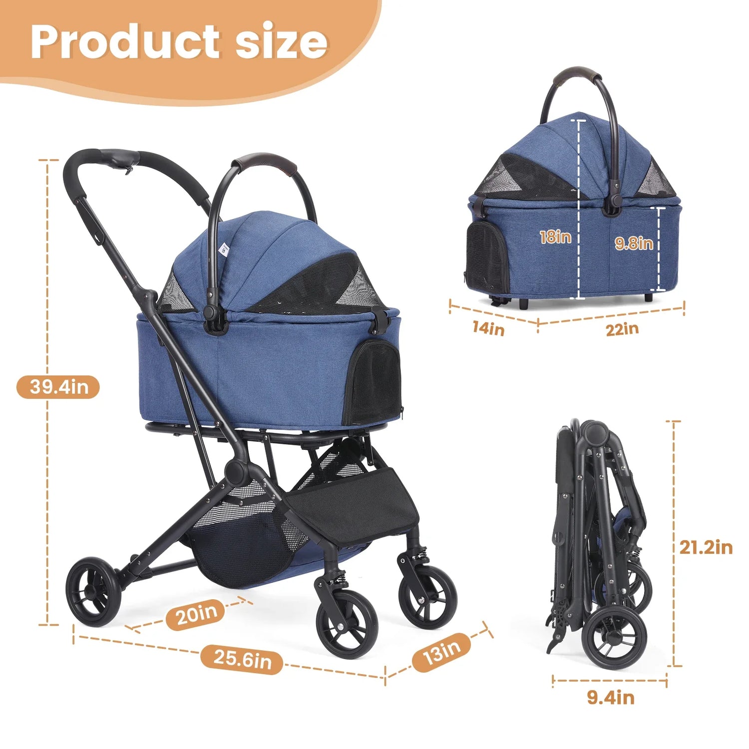 3 in 1 Dog Stroller, Upgraded Frame, Up to 44lbs Pet Stroller with Dog Poop Bags &amp; Dispenser, Zipperless Entry, Storage Basket &amp;