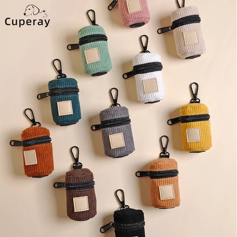 Corduroy Dog Poop Bag Holder with Carabiner, Portable Zipper Pet Waste Bag Dispenser for Outdoor Walking