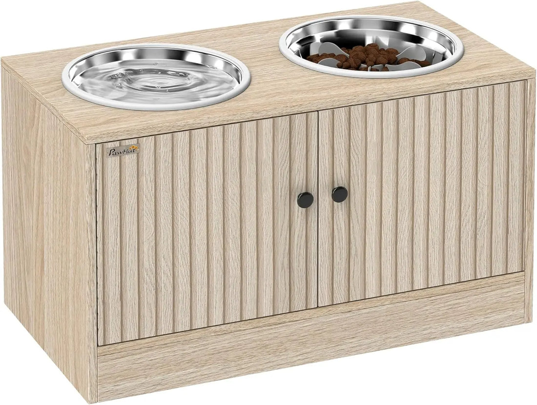 Elevated Dog Bowls with Storage Cabinet, Raised Dog Bowl Stand, Pet Feeding Station with Slow Feeder &amp; Non-Slip, for Large Pets