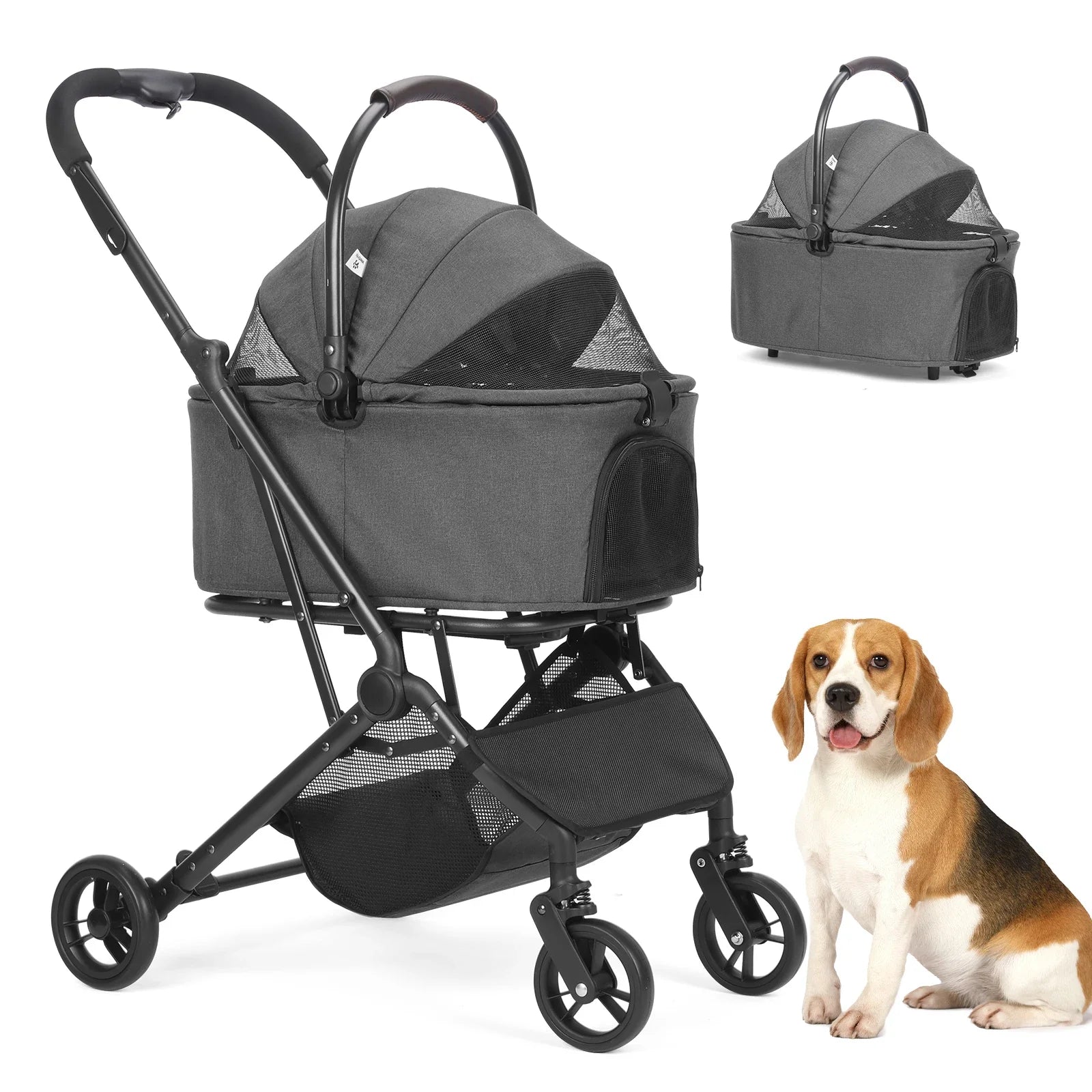 3 in 1 Dog Stroller, Upgraded Frame, Up to 44lbs Pet Stroller with Dog Poop Bags &amp; Dispenser, Zipperless Entry, Storage Basket &amp;