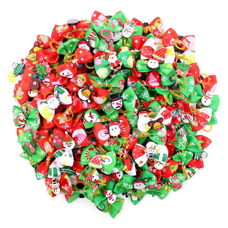 Pet Christmas Bows Dog Hair Accessories Leather Band Headdress Cat Puppy Grooming Decoration Bows Holiday Party Pet Supplies