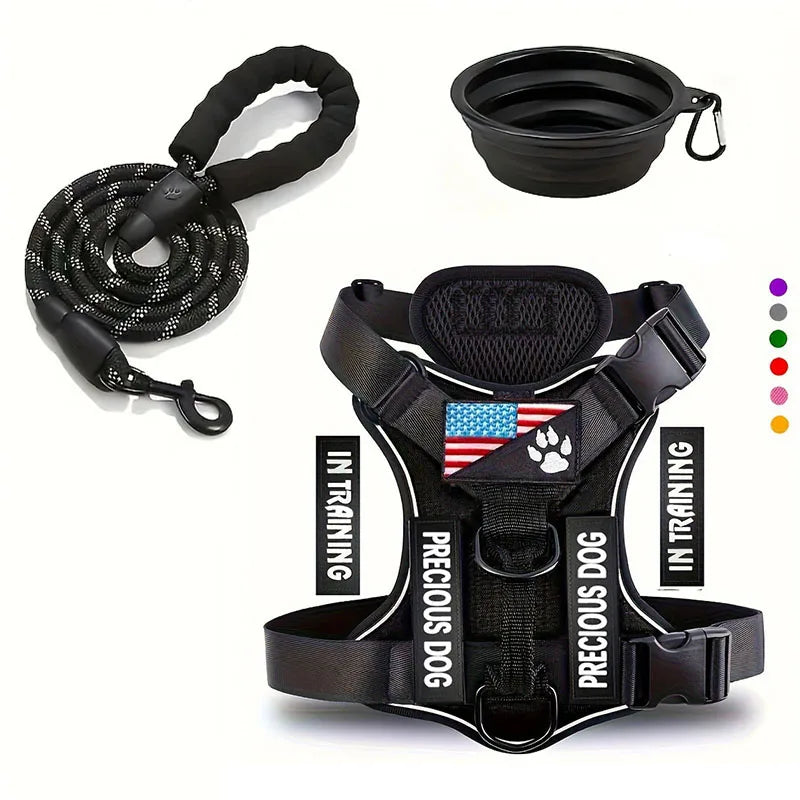 Service Dog Harness &amp; Leash Set with 1pc Folding Bowl Reflective Adjustable Dog Vest Harness Soft Oxford Pet Harness For Small M