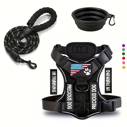 Service Dog Harness &amp; Leash Set with 1pc Folding Bowl Reflective Adjustable Dog Vest Harness Soft Oxford Pet Harness For Small M