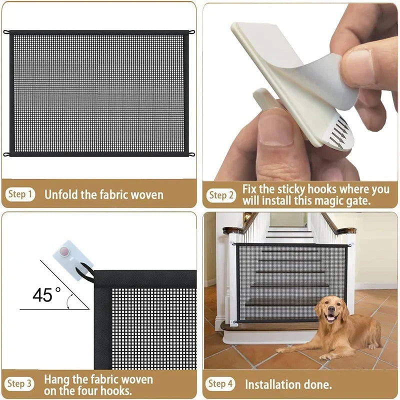 Pet Dog Safety Barrier Fence – Folding Mesh Gate with 4 Hooks for Stairs &amp; Doorways
