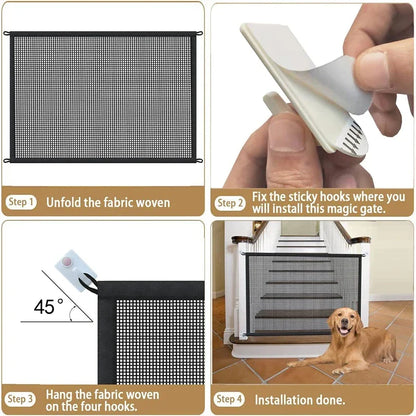 Pet Dog Safety Barrier Fence – Folding Mesh Gate with 4 Hooks for Stairs &amp; Doorways
